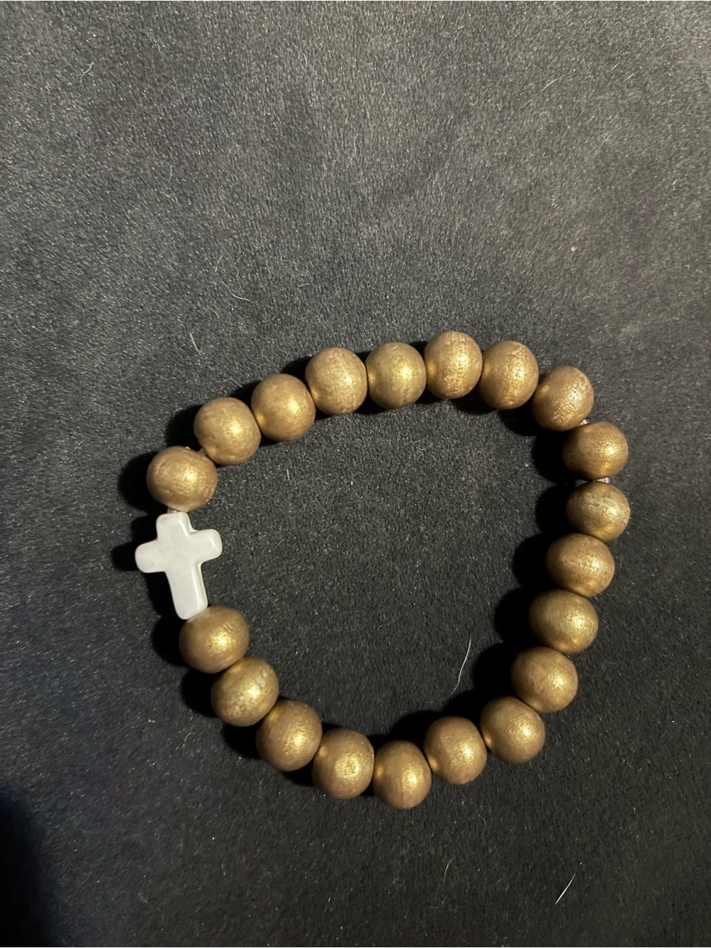 Wood Gold Beaded Bracelet with White Cross Accent